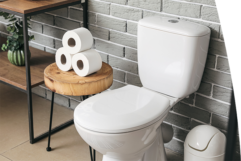 Toilet paper rolls on wooden board in modern bathroom